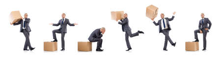 The businessman with box isolated on the white
