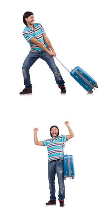Young man travelling with suitcases isolated on whiteの写真素材