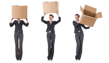 Woman businesswoman with boxes on whiteの写真素材