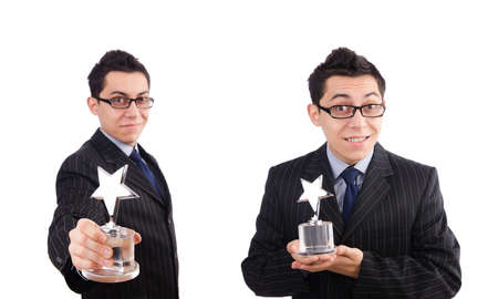 Funny guy receiving award on whiteの写真素材
