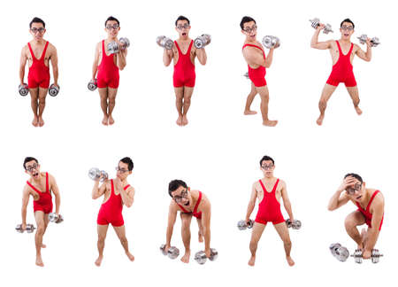 Funny guy with dumbbels on whiteの写真素材