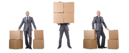 The businessman with box isolated on the white