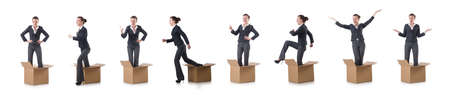 Woman with boxes on white
