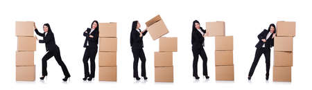 The woman with lots of boxes on white