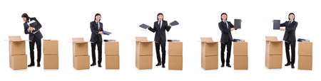 Funny man with boxes on white
