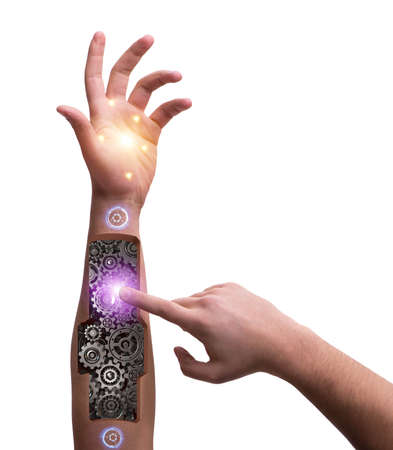 The robotic hand pressing button in futuristic concept