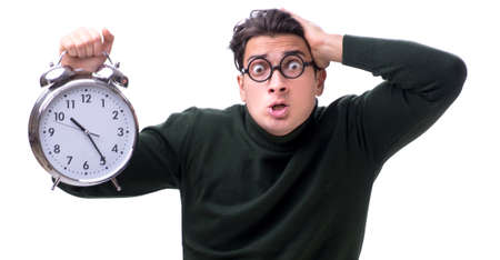 Nerd young money with giant clock isolated on white