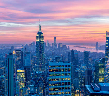 The view of new york manhattan during sunset hoursの写真素材