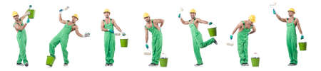The painter in green coveralls on whiteの写真素材