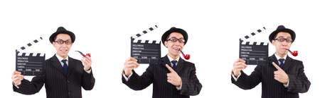 Funny gentleman in striped suit isolated on whiteの写真素材