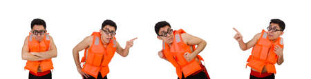 Funny man wearing orange safety vestの写真素材