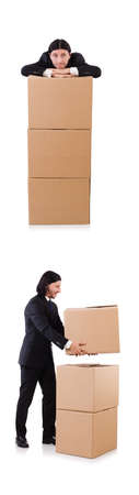 Funny man with boxes on whiteの写真素材
