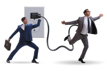 Businessman being powered by electricity and plugの写真素材