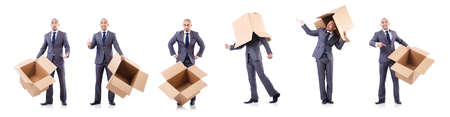 The businessman with box isolated on the white