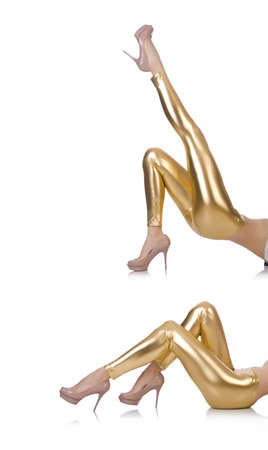 Woman legs with stockings on whiteの写真素材