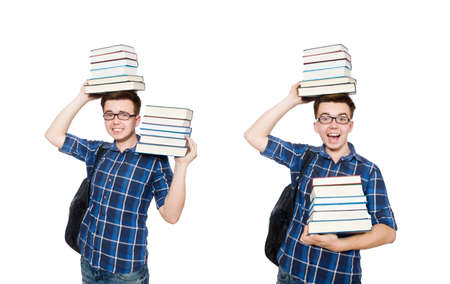Funny student with stack of booksの写真素材