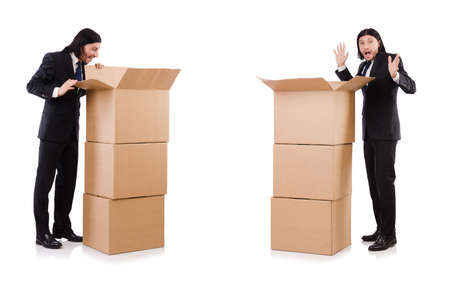 Funny man with boxes on white