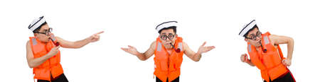 Funny man wearing orange safety vestの写真素材