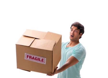 Young handsome man with fragile box ordered from Internet