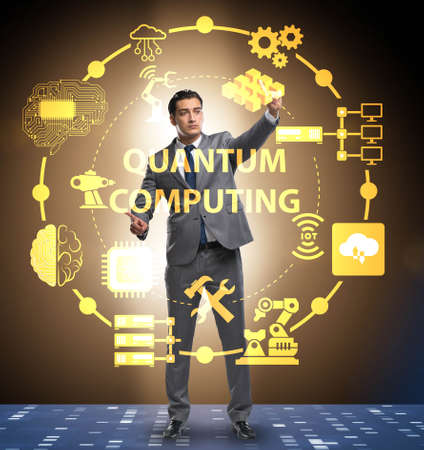 Businessman pressing virtual button in quantum computing concept