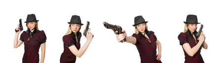 Young woman gangster with gun on whiteの写真素材