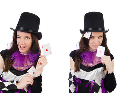 Pretty girl in jester costume with cards isolated on whiteの写真素材