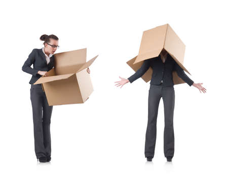 Woman businesswoman with boxes on whiteの写真素材
