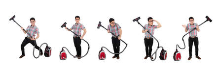 Funny man with vacuum cleaner on whiteの写真素材
