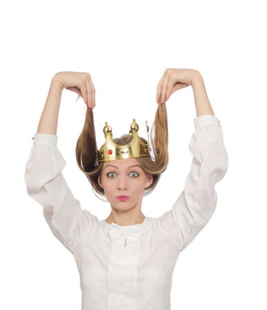Woman queen wearing crown isolated on whiteの写真素材