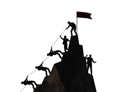 Concept of teamwork with team climbing mountain