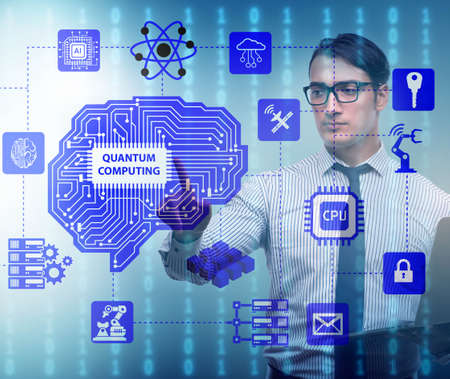 Businessman pressing virtual button in quantum computing concept