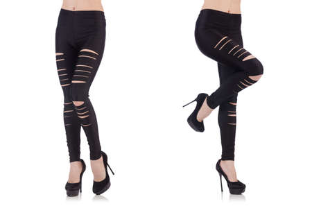 The woman legs with stockings on whiteの写真素材