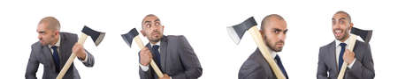 Funny businessman with axe on white