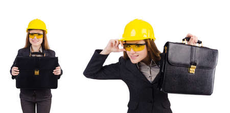 Woman construction worker isolated on whiteの写真素材