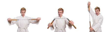 Funny karate fighter with nunchucks on whiteの写真素材