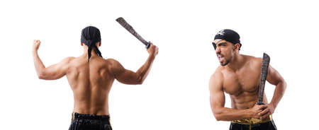 Man in pirate costume in halloween conceptの写真素材