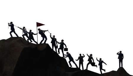 Concept of teamwork with team climbing mountain