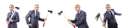 Funny businessman with axe on whiteの写真素材
