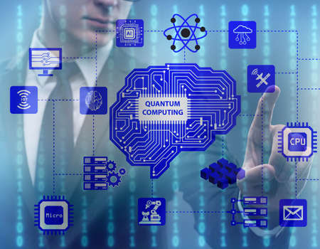 The businessman pressing virtual button in quantum computing concept