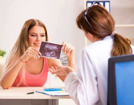 Beautiful pregnant woman visiting female gynecologistの写真素材