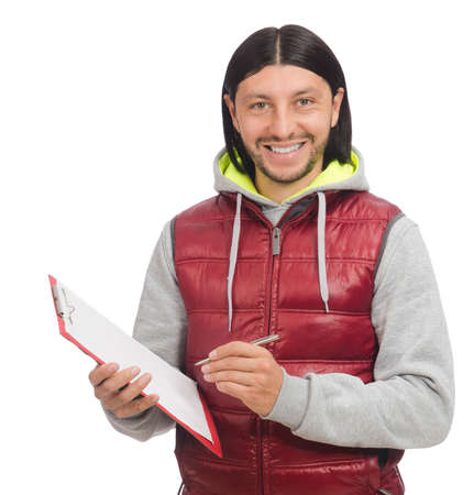 Young man exercising isolated on white background