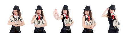 Woman gangster with money sacks on whiteの写真素材