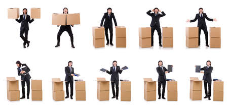 Funny man with boxes on whiteの写真素材