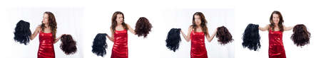 The woman with a selection of wig isolated on whiteの写真素材