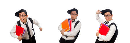 Male student holding notes isolated on whiteの写真素材