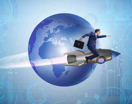 Businessman on the rocket in global business concept