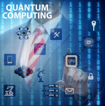 Businessman pressing virtual button in quantum computing concept