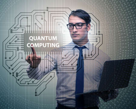Businessman pressing virtual button in quantum computing concept