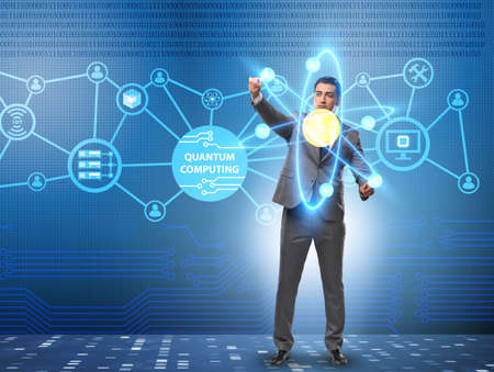 Businessman pressing virtual button in quantum computing concept