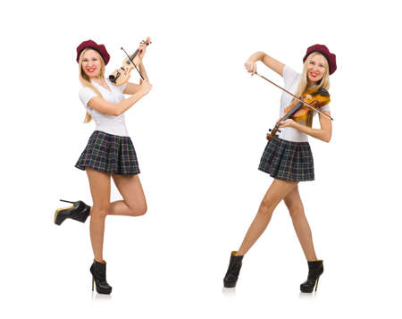 Woman playing violin isolated on whiteの写真素材